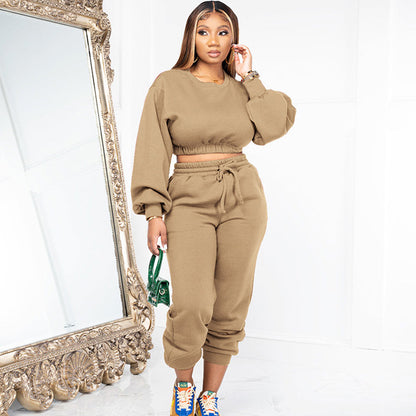Conjunto básico de dos piezas para mujer, estilo deportivo, informal, sencillo, de color liso, con cuello redondo, manga larga, holgado, con sudadera y pantalones