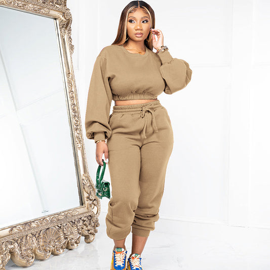 Conjunto básico de dos piezas para mujer, estilo deportivo, informal, sencillo, de color liso, con cuello redondo, manga larga, holgado, con sudadera y pantalones