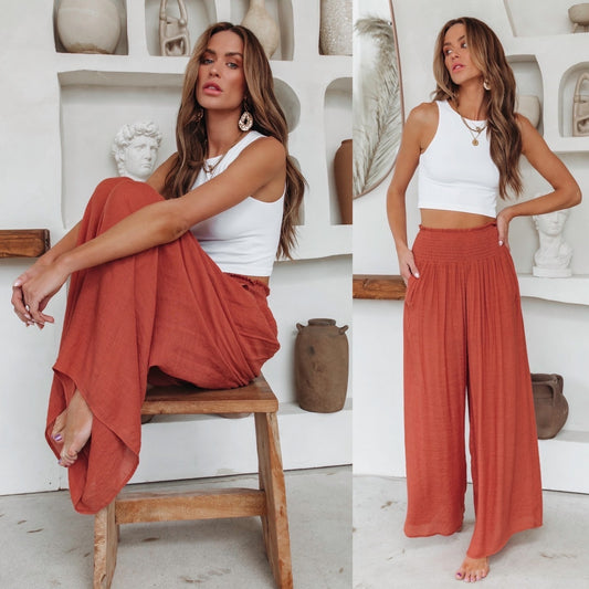 Spring And Summer Women Solid Color Fashion Casual Office Chic Cotton Loose Mid-Waist Wiede-Leg Pants