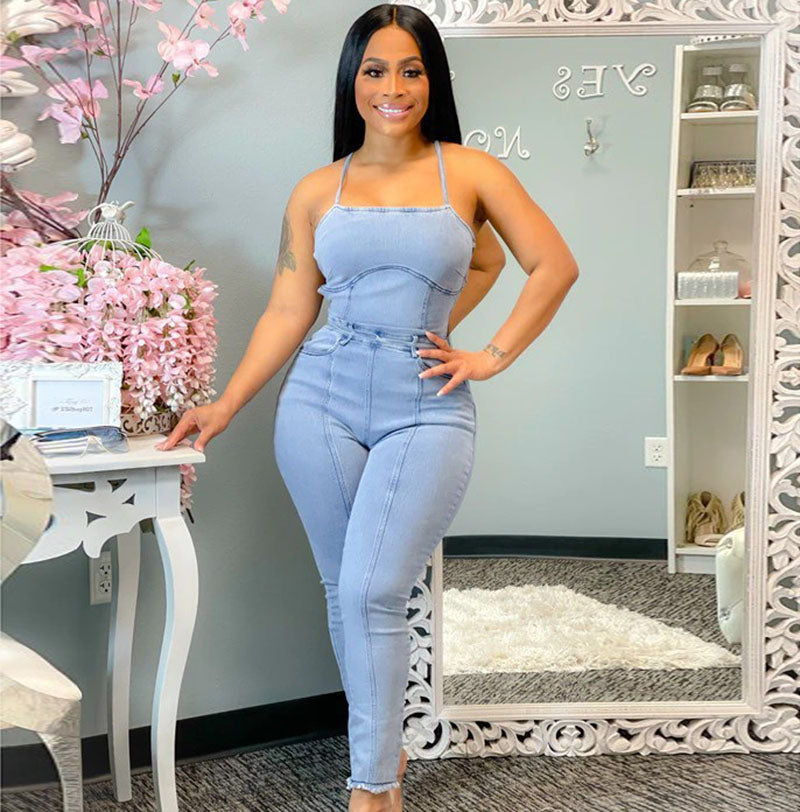 Women Casual Fashion Slim Backless Lace Up Denim Jumpsuit