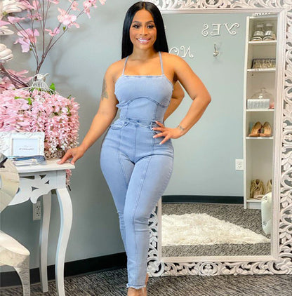 Women Casual Fashion Slim Backless Lace Up Denim Jumpsuit