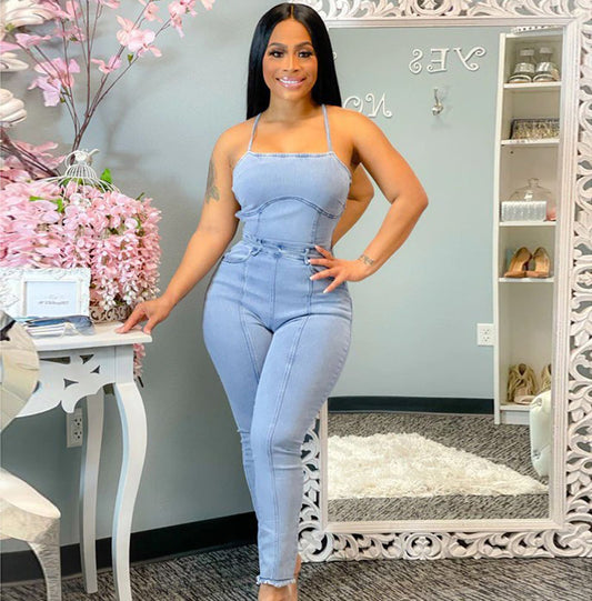 Women Casual Fashion Slim Backless Lace Up Denim Jumpsuit