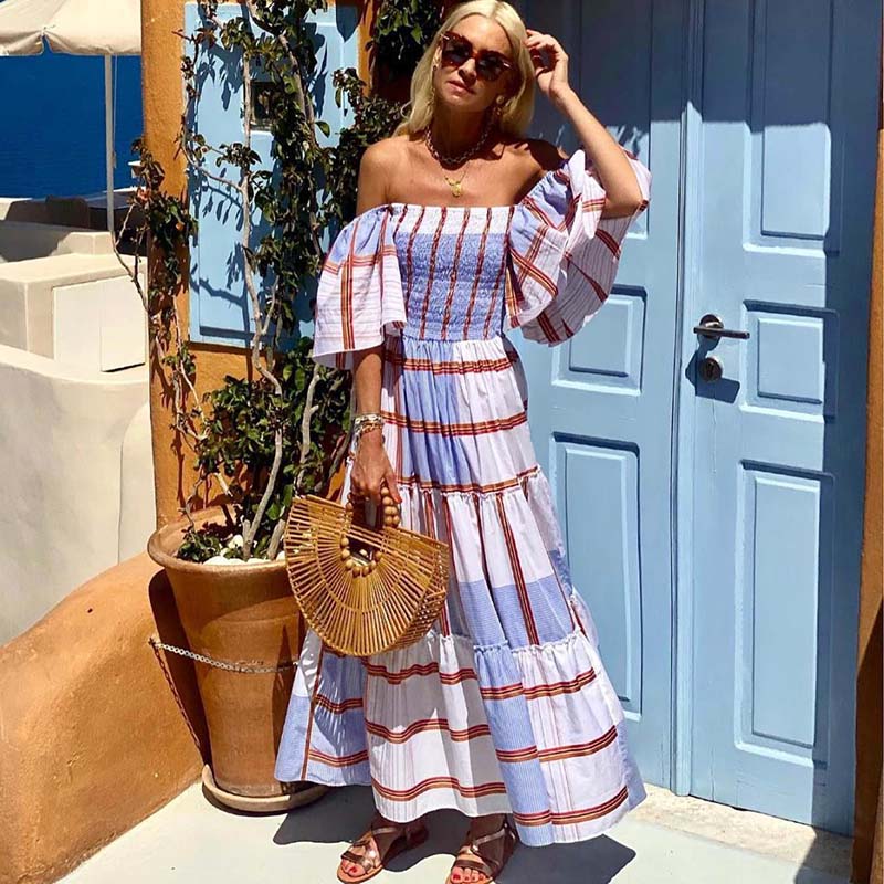 Summer Women Casual Stripe Off Shoulder Short-Sleeved Ruffle Boho Vacation Maxidress