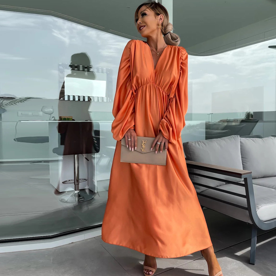Women'S Casual Boho Solid Color Long Sleeve Pleated V-Neck Dress