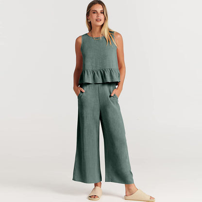 Conjunto de dos piezas de top informal sin mangas y pantalón ancho para mujer