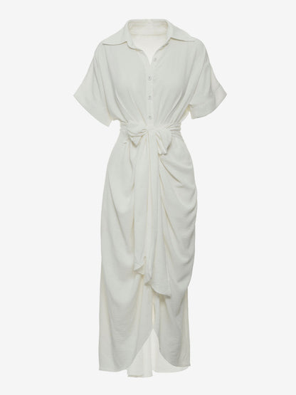 Shirt Midi Dress Pink Turndown Collar Pleated Short Sleeves Layered Dresses