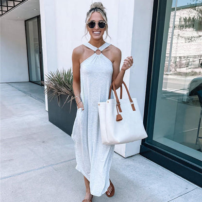 Spring And Summer Strapless Casual Comfortable Halter Neck Long Pocket Dress