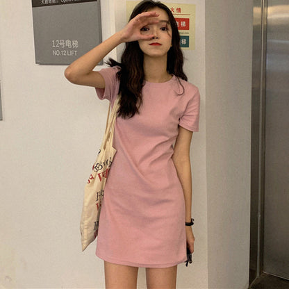 Women Fashion Casual Solid Color Slim-Fit Short Sleeve Dress