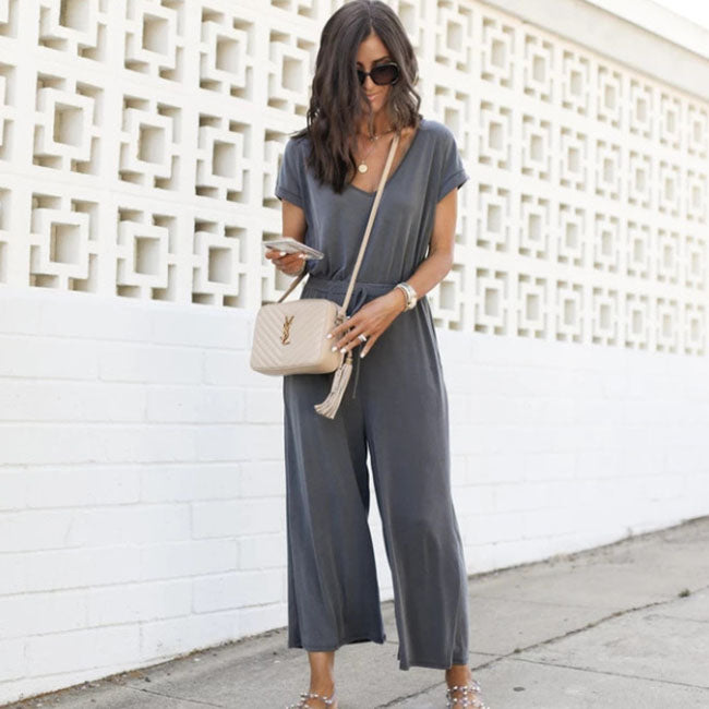 Women'S Casual Solid Color V-Neck Wide-Leg Jumpsuit