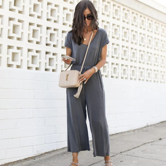 Women'S Casual Solid Color V-Neck Wide-Leg Jumpsuit