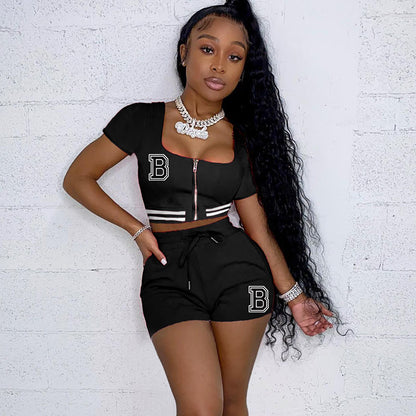 Women Fashion Solid Color Letter Printing Square Neck Short Sleeve Top Casual Shorts Set