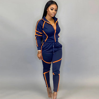 Autumn And Winter Women Long-Sleeved Splicing Solid Color Casual Sports Sets
