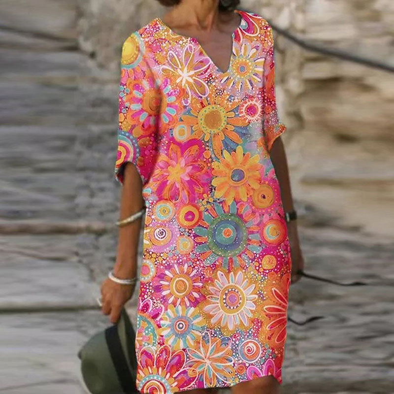 Vestido informal de manga corta con cuello en V y estampado de flores multicolor para mujer