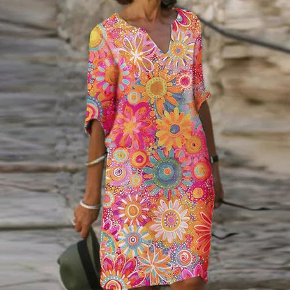 Vestido informal de manga corta con cuello en V y estampado de flores multicolor para mujer