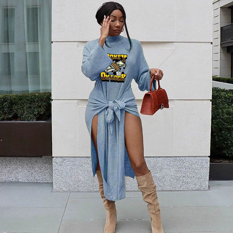 Women Casual Style Letter Cash Printing Pullover Rib-Knit Mid-Waist Bandage Dress