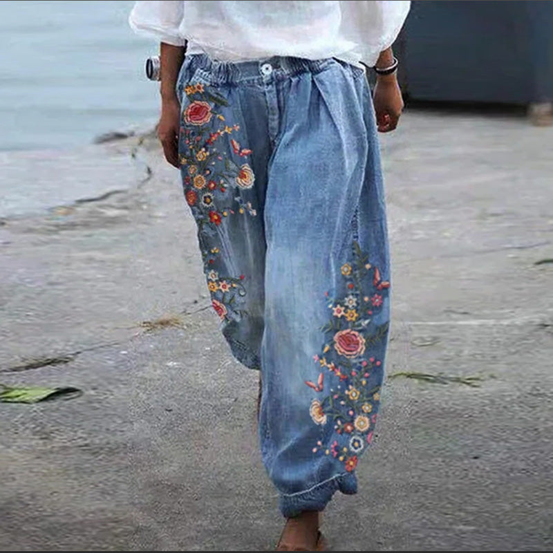 Women'S Fashion Vintage Casual Floral Embroidery Loose Jeans