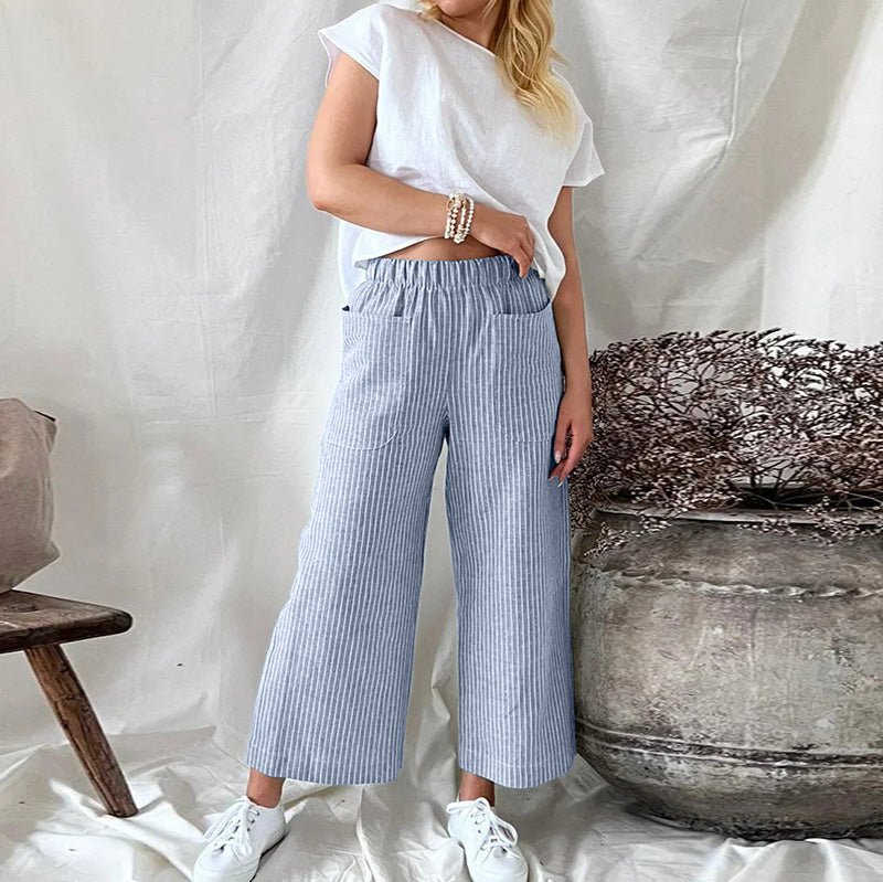 Women'S Fashion Casual Cotton Linen Stripe Loose Wide Leg Pants