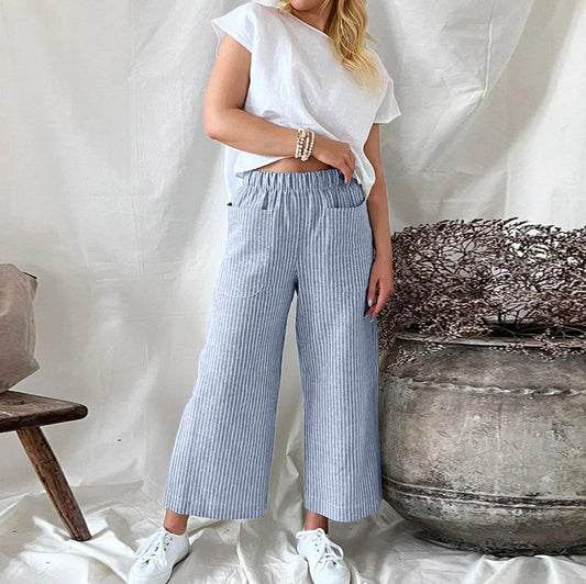Pantalones anchos holgados de lino y algodón a rayas para mujer