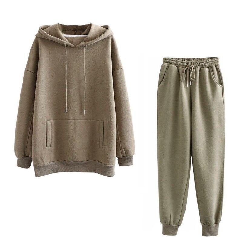 Conjunto deportivo informal de dos piezas para mujer, con capucha y pantalones deportivos, forrados en polar, de color liso