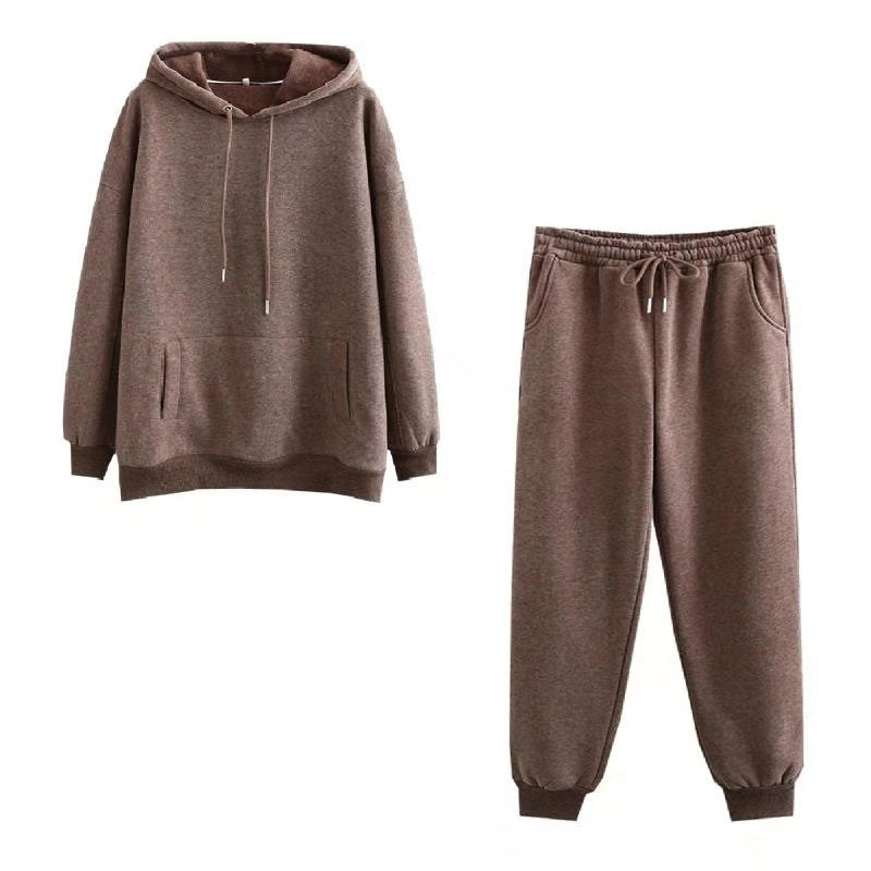 Conjunto deportivo informal de dos piezas para mujer, con capucha y pantalones deportivos, forrados en polar, de color liso