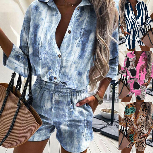 Fashion Women Casual Leopard Tie Dye Print Long Sleeve Top Casual Shorts Set