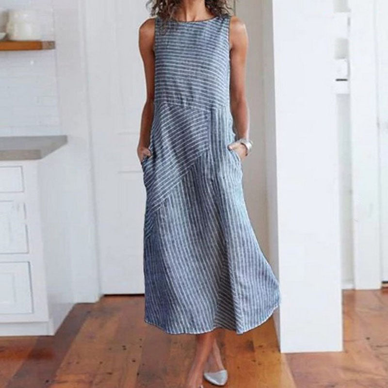 Women'S Plus Size Fashion Casual Stripe Sleeveless Plus Size Midi Dress