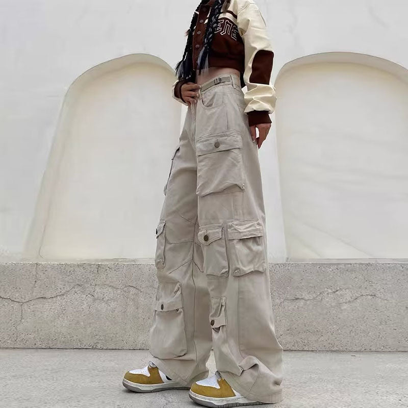 Tall Street Wide-Leg Overalls Women Straight Design Multi-Pocket Casual Pants