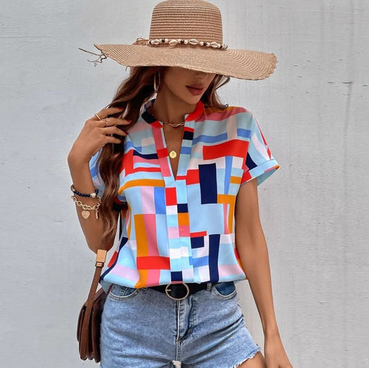 Blusas casuales de manga corta con cuello en V y estampado a cuadros para mujer