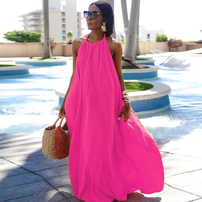 Women Fashion Casual Sleeveless Halter Neck Backless Solid Color Loose Dress