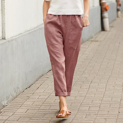 Women Fashion Big Pockets Solid Color Comfortable Cotton Linen Casual Pants Straight Leg Pants