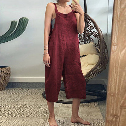 Women Summer Solid Color Cotton Overalls Loose Casual Jumpsuits