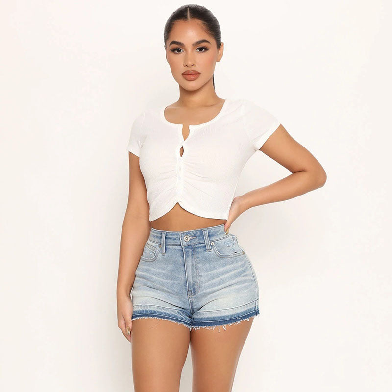 Pantalones cortos vaqueros informales de verano para mujer, estilo urbano, con degradado de color y dobladillo sin rematar