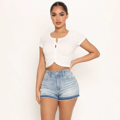 Pantalones cortos vaqueros informales de verano para mujer, estilo urbano, con degradado de color y dobladillo sin rematar