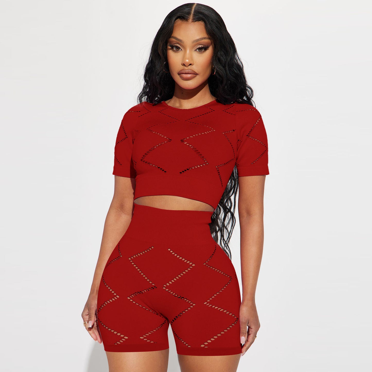 Conjunto de dos piezas de top corto y pantalones cortos de manga corta con aberturas de color liso informal para mujer