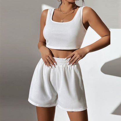 Conjunto básico de punto acanalado de color liso para mujer, moda informal deportiva, vacaciones de verano, camiseta sin mangas, pantalones cortos sueltos