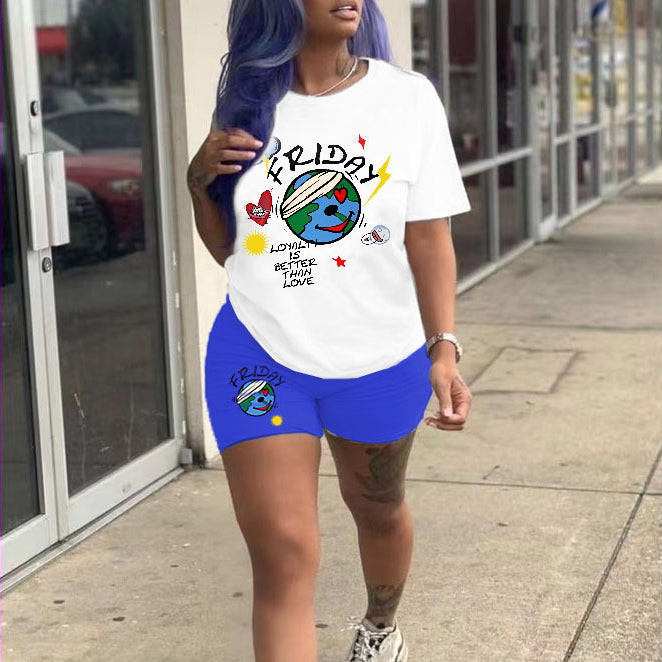 Conjunto de dos piezas informal de moda para mujer con camiseta de manga corta y pantalones cortos ajustados con estampado de letras de la Tierra