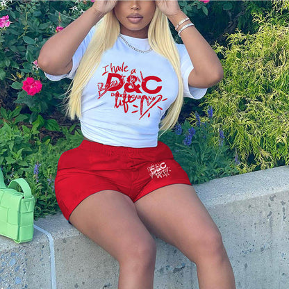 Women Summer Casual Athleisure Short Sleeve Letter Print T-Shirt And Tight Shorts Set