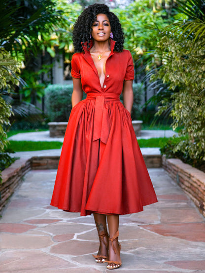 Midi Shirt Dresses Orange Stand Collar Sash Short Sleeves Layered Dress