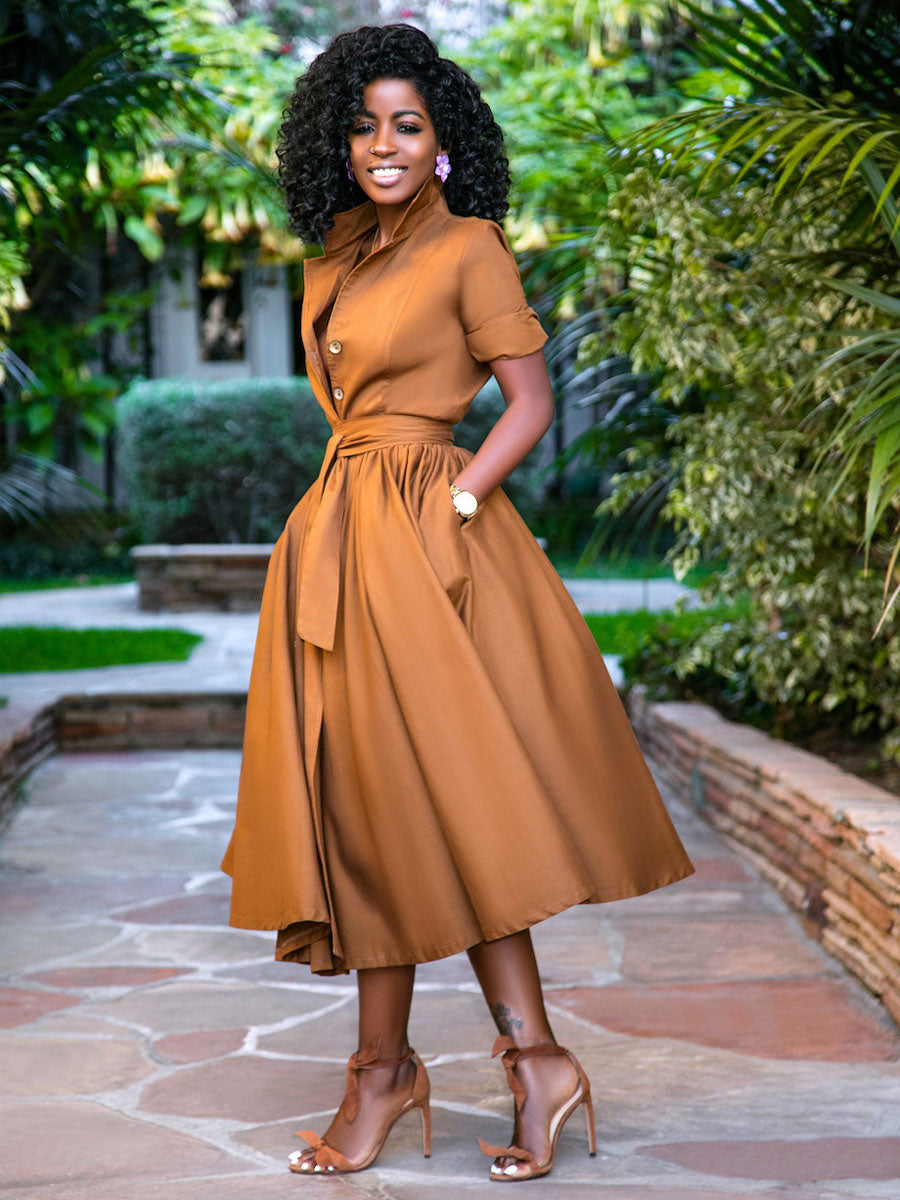 Midi Shirt Dresses Orange Stand Collar Sash Short Sleeves Layered Dress