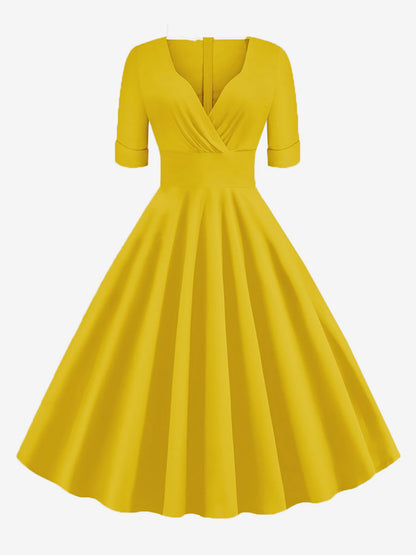 Vintage 1950s Swing Cocktail Dress for Women - V Neck Short Sleeve A-Line Ruched Bust Rockabilly Midi Gown - Wedding Guest 2026