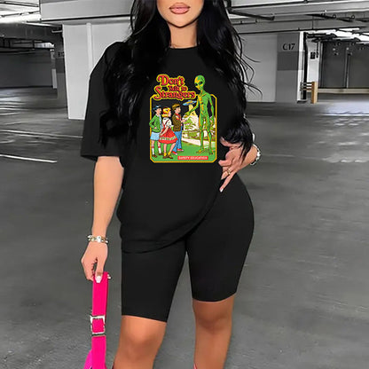 Conjunto deportivo de dos piezas para mujer, talla grande, informal, deportivo, con estampado gráfico, camiseta y pantalones cortos