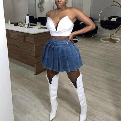 Women Fashion Casual Denim Pleated Skirt