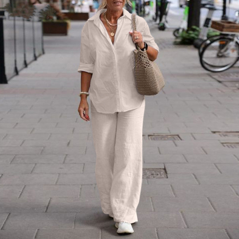 Conjunto de blusa informal de manga larga con solapa y pantalones de color liso y pierna ancha para mujer