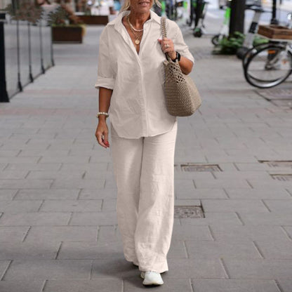 Conjunto de blusa informal de manga larga con solapa y pantalones de color liso y pierna ancha para mujer