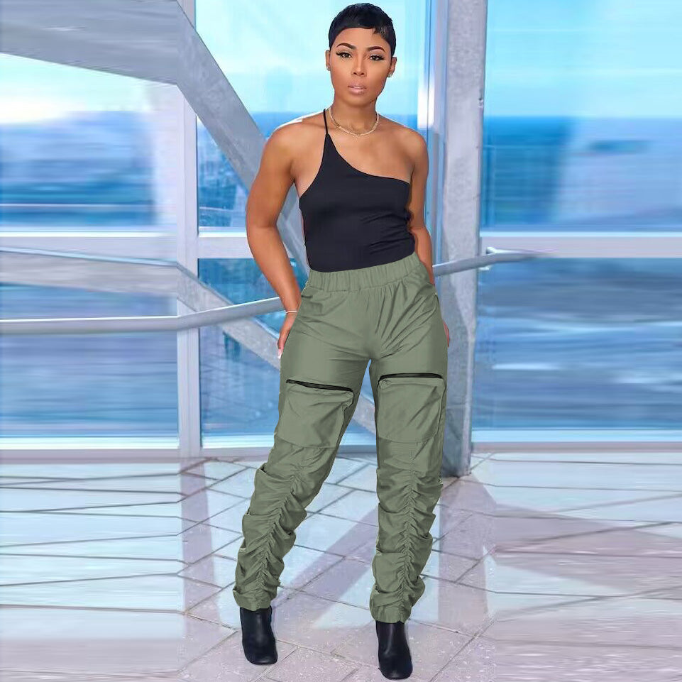 Women Fashion Street Casual Zipper Stereo Pocket Overalls Solid Pants