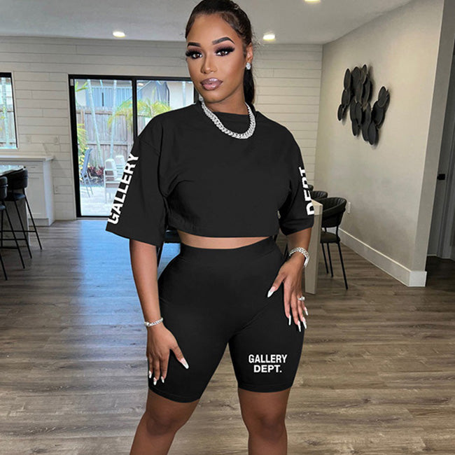 Fashion Casual Women Athleisure Summer Letter Printing Round Neck Short-Sleeved Tee And Shorts Set