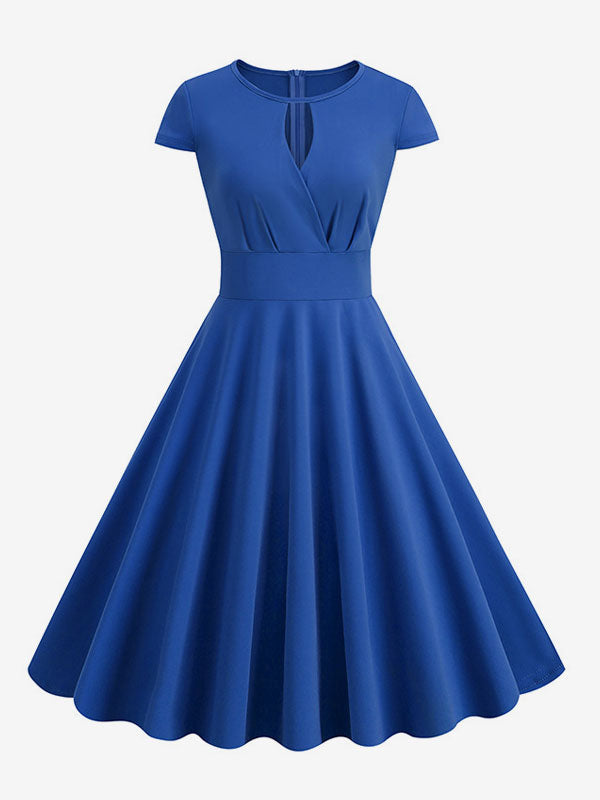 Vintage Glamour Dress 1950s Style Jewel Neck Cut Out Short Sleeves Medium Swing Dress