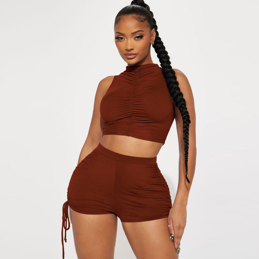 Women Athleisure Fashion Casual Solid Color Crop Top Drawstring Shorts Two-Piece Sports Set