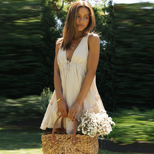 Women Casual Solid Color Drawstring Backless V-Neck Sleeveless Dress