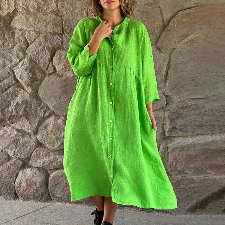 Women'S Fashion Casual Cotton Linen Solid Color Stand Collar Single-Breasted Dress